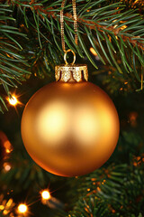 Golden Christmas ball ornament hanging on green pine branch
