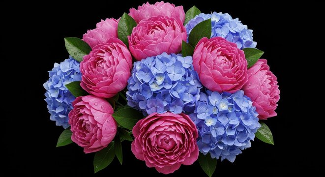 Vibrant bouquet of pink peonies and blue hydrangeas