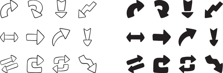 Arrows set black icons. Arrow icon. Arrow vector collection. Doddle arrow set, collection of arrows. Collection different arrows sign. Black vector arrows icons