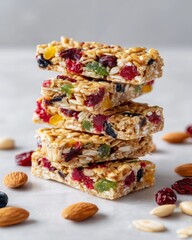 Stack of colorful nut and fruit granola bars with almonds on marble surface