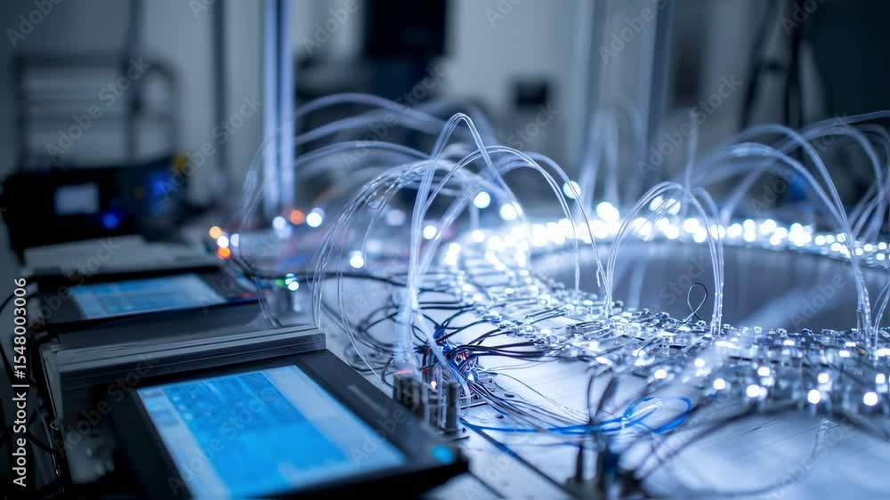 Poster complex fiber optic cables transferring data and illuminating leds in a quantum computing experiment