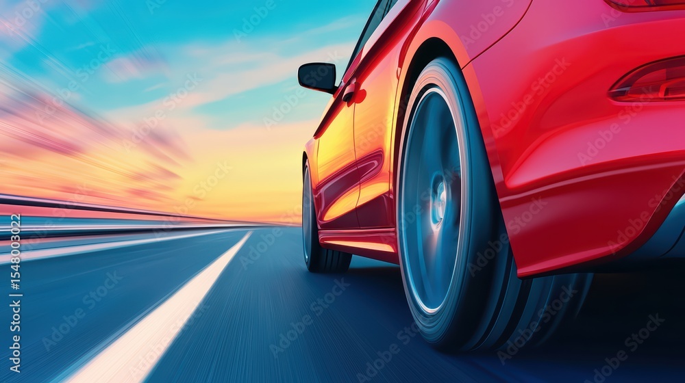 Poster dynamic red car in motion on a smooth highway with vibrant sunset sky background capturing speed and