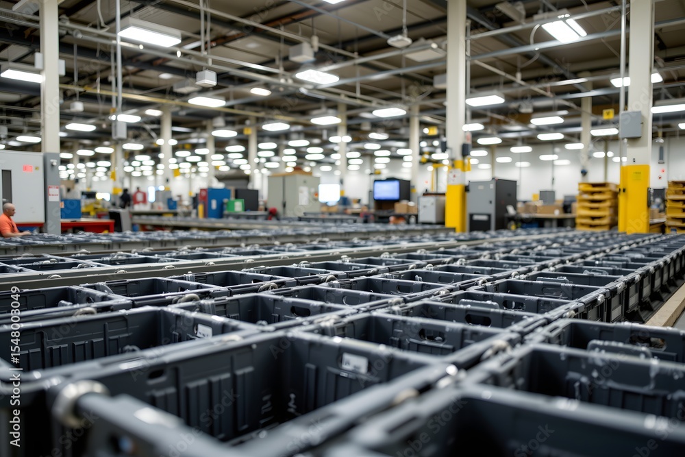 Poster industrial assembly line: an expansive industrial scene captures a multitude of crates on a factory 