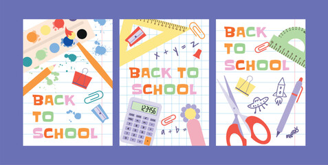 Back to School Sale, Promotion, Poster and Flyer. Paint Palette, Calculator, Clips, Pencils, Pen, Scissors, Rulers, Paper Sheets with Drawings. School Supplies. Flat Vector Illustration