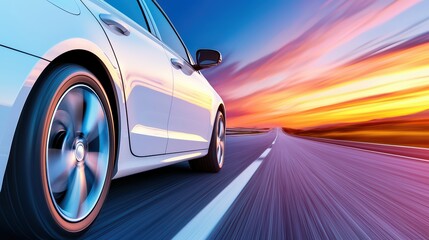 Dynamic motion of a car on an open road during a vibrant sunset with colorful sky and blurred landscape background
