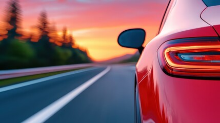 Obraz premium Stunning Red Sports Car on Open Road During Vibrant Sunset with Blurred Background and Dramatic Sky Colors
