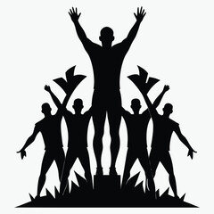 Fototapeta premium Black Silhouette Winner Celebrates Victory Surrounded by Cheerful Supporters on Podium Grass