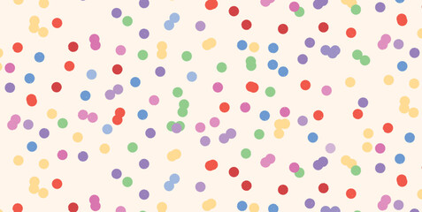 Seamless pattern with scattered multicolored confetti dots. Playful round elements in pastel red, yellow, green, purple, blue, pink on light background. Fun decorative backdrop for party themes.