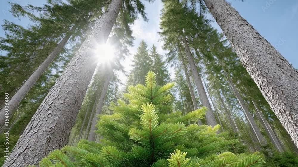 Poster Sunlit Forest Canopy: The image captures the majesty of a forest, where sunlight streams through tall trees, creating a stunning natural display.