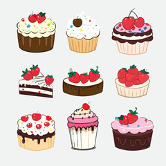 Set of decorative cake and muffin dessert illustrations