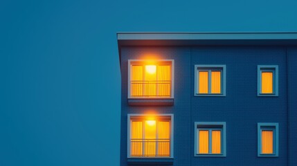 Modern Apartment Building Exterior with Illuminated Windows at Dusk against a Blue Sky Background
