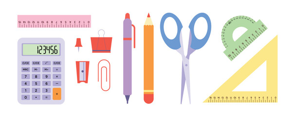 School Supplies Set. Calculator, Pen, Pencil, Push Pin, Clip, Sharpener, Scissors, Rulers, Triangle and Protractor. Isolated Objects. Flat Vector Illustration Design