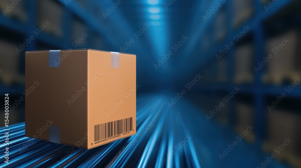 Poster brown cardboard box in a warehouse setting with motion blur effect showcasing storage and logistics 