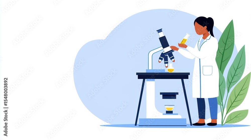 Poster scientist conducting experiment with microscope and test tubes in modern laboratory setting