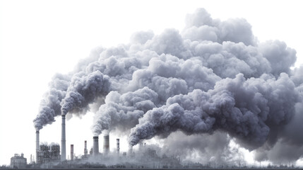 Large Industrial Factory Emitting Huge Carbon Dioxide Clouds on Transparent Background

