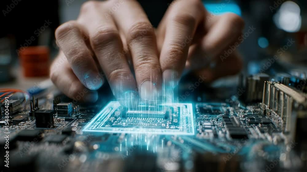 Poster close up of electronic engineer's hands installing a cpu microchip on a motherboard with augmented r