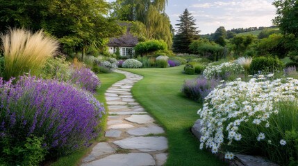 Obraz premium Enchanting summer garden pathway leading to charming cottage in bloom