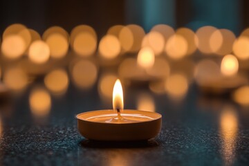 Single Lit Tealight Candle with Soft Glow Against Blurred Background