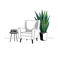 Peaceful corner with chair and plant in black and white vector