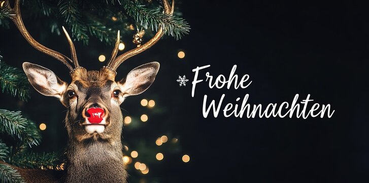 Photo of a happy deer with a red nose, text "Frohe Weihnachten" under a Christmas tree background in German and English, written on the right side of the poster, black solid background, Generative Ai  - Powered by Adobe
