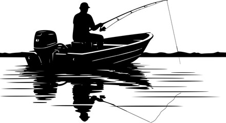silhouette vector fisherman seated in a small motorboat, actively fishing with a rod