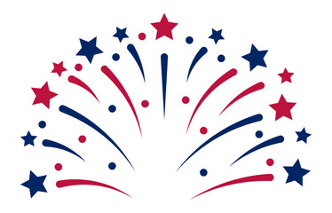 Naklejka premium Red and blue fireworks exploding in a stylized illustration with decorative stars, perfect for celebrating United States holidays like Independence Day or Memorial Day