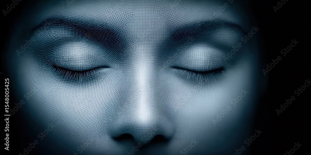 Poster a conceptual portrayal of a serene face with closed eyes highlighted by a mesmerizing grid pattern s