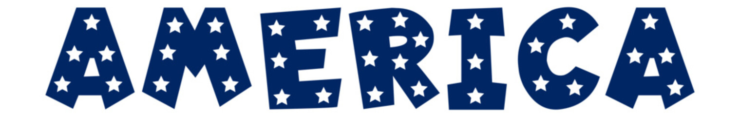 America spelled with large, bold block letters filled with white stars against a deep navy blue background, symbolizing pride and patriotism for the United States of America