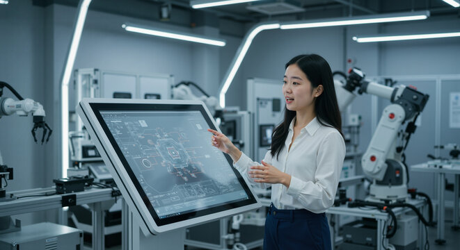 Asian Female Engineer Giving Presentation in Futuristic Robotics Laboratory with Advanced Technology Development