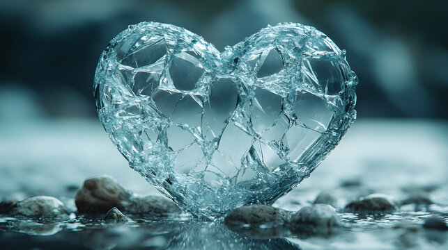 A shattered glass heart rests on stones by water, reflecting loss and resilience. A metaphor for war's emotional toll, reflecting sadness and quiet aftermath. Blue and gray tones.