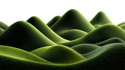 Landscape of smooth undulating green hills with soft texture and abstract lighting on transparent or white background.