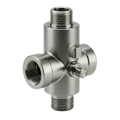 A pristine, new cylindrical metallic water hammer arrestor with threaded connections, photographed from a 3/4 angle against a transparent infinity studio background with even lighting and no shadows,