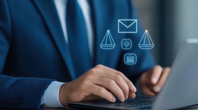 Professional man in suit working on laptop with law icons, scales, email symbols in modern office environment