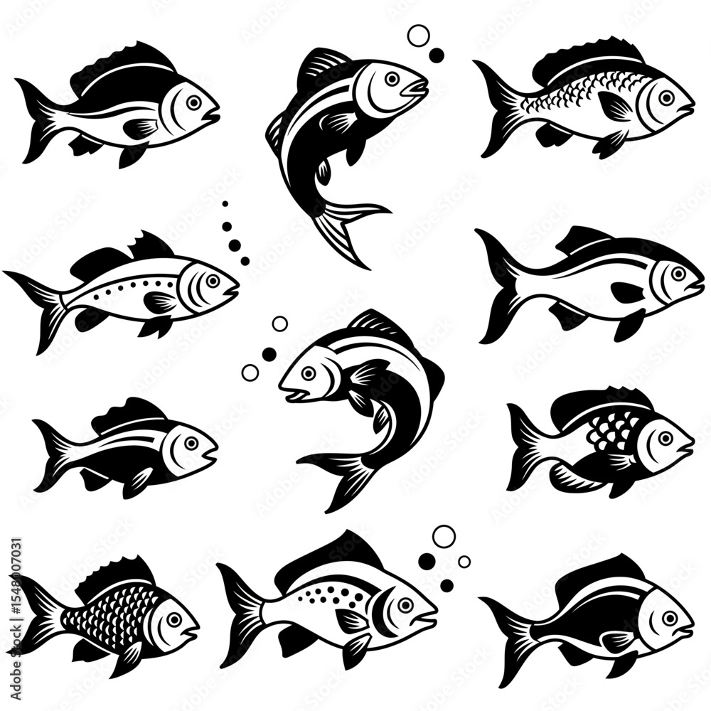 Poster a black and white vector illustration featuring an array of different types of fish swimming in wate