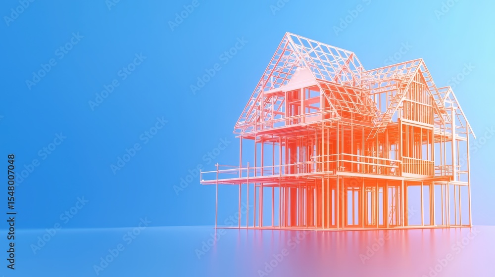 Poster architectural visualization of a conceptual house structure in wireframe style with gradient backgro
