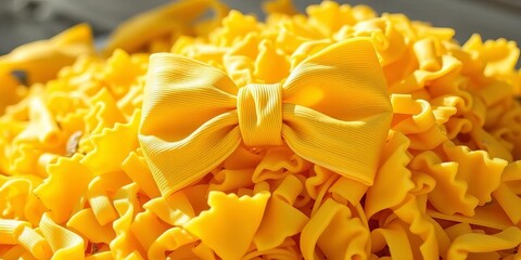 Sun-drenched pile of raw yellow bow tie pasta, meal, bowl