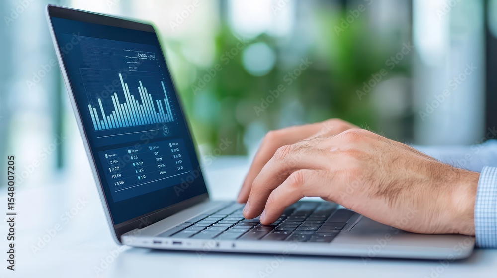 Poster professional hands typing on laptop with data analysis display and bar graphs in modern office envir