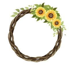 Watercolor wreath with sunflowers and leaves on transparent background.