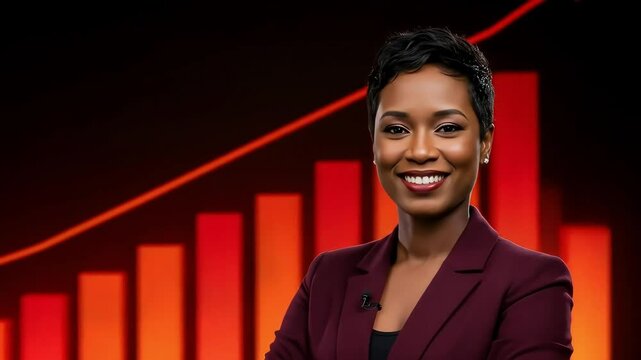 Confident businesswoman presenting growth statistics with a vibrant red chart background