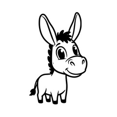 Adorable cartoon donkey with big eyes and cute face in bold black outline style. Vector Illustration