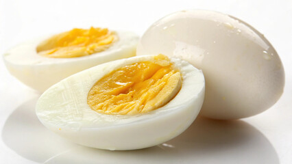 Close-up of two halved hard-boiled eggs, showing rich yellow yolks and white egg whites on a white background.