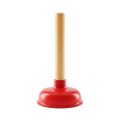 A brand-new plumbing plunger with a vibrant red rubber cup and a smooth light brown natural wood handle, perfectly upright on a seamless transparent background with no shadows, illuminated by precise