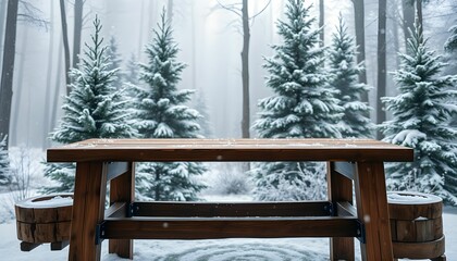 A wooden table sits in a snowy forest, surrounded by frosted evergreen trees.