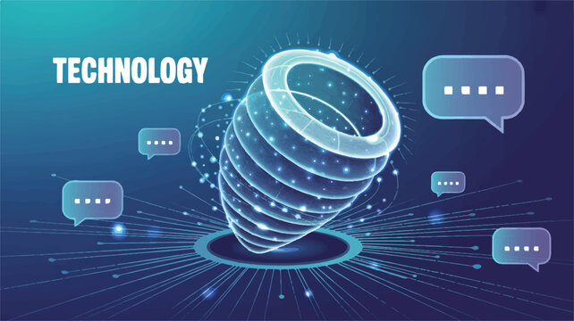 Digital Vortex: Modern digital technology merges communication and information, featuring glowing lines and thought bubbles.