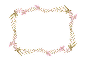 Wild flowers twigs with green leaves. Spring horizontal frame frame, border. Template with copy space. Purple blossom of spring. Botanical floral background Clipart for wedding, postcard, invitation. © susie_p_art