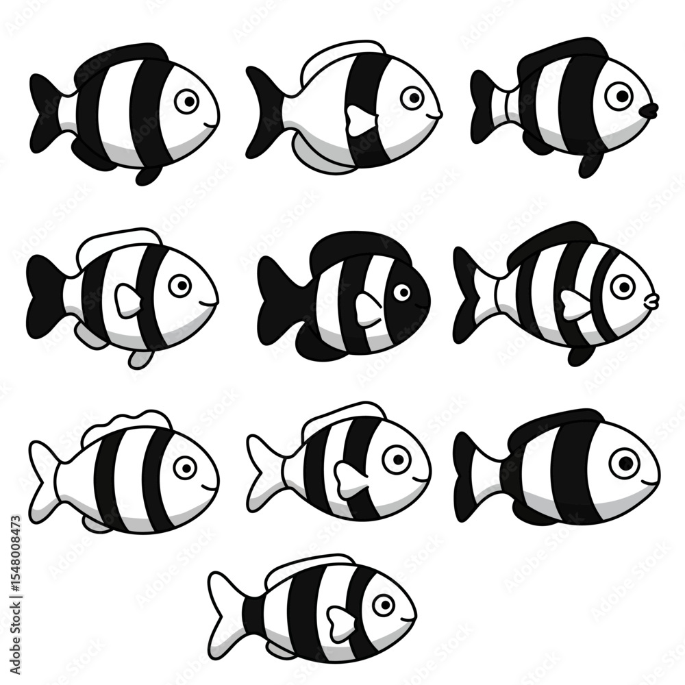 Poster striking black and white fish graphics a collection of playful aquatic creatures with unique pattern
