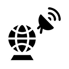 Global communication network concept illustrated by a satellite dish and earth globe. This symbolizes internet connection, global reach and data transmission