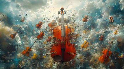 Fototapeta premium Violins soar through a war-torn sky, a symphony of destruction and resilience. The vibrant instruments offer a striking contrast against the chaotic, war-like background.