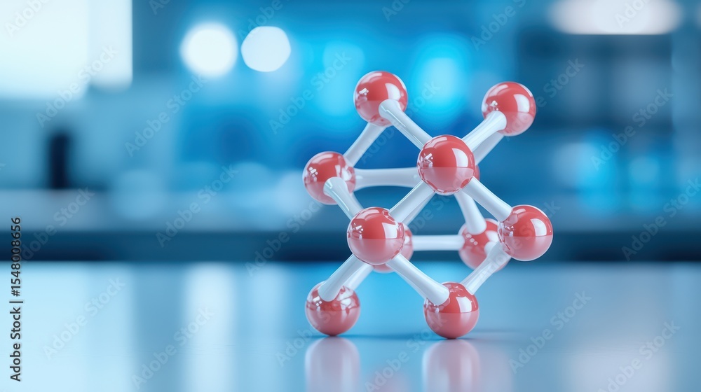 Poster three-dimensional model of a molecular structure with red and white atoms in a laboratory setting