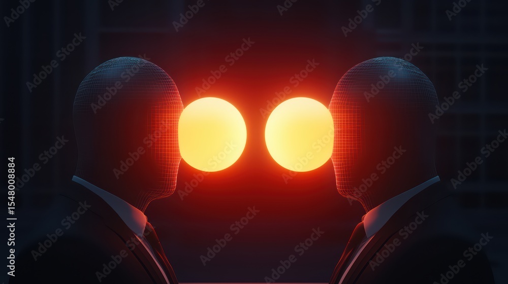 Poster abstract human figures facing each other with glowing orbs in a dark background, symbolizing connect